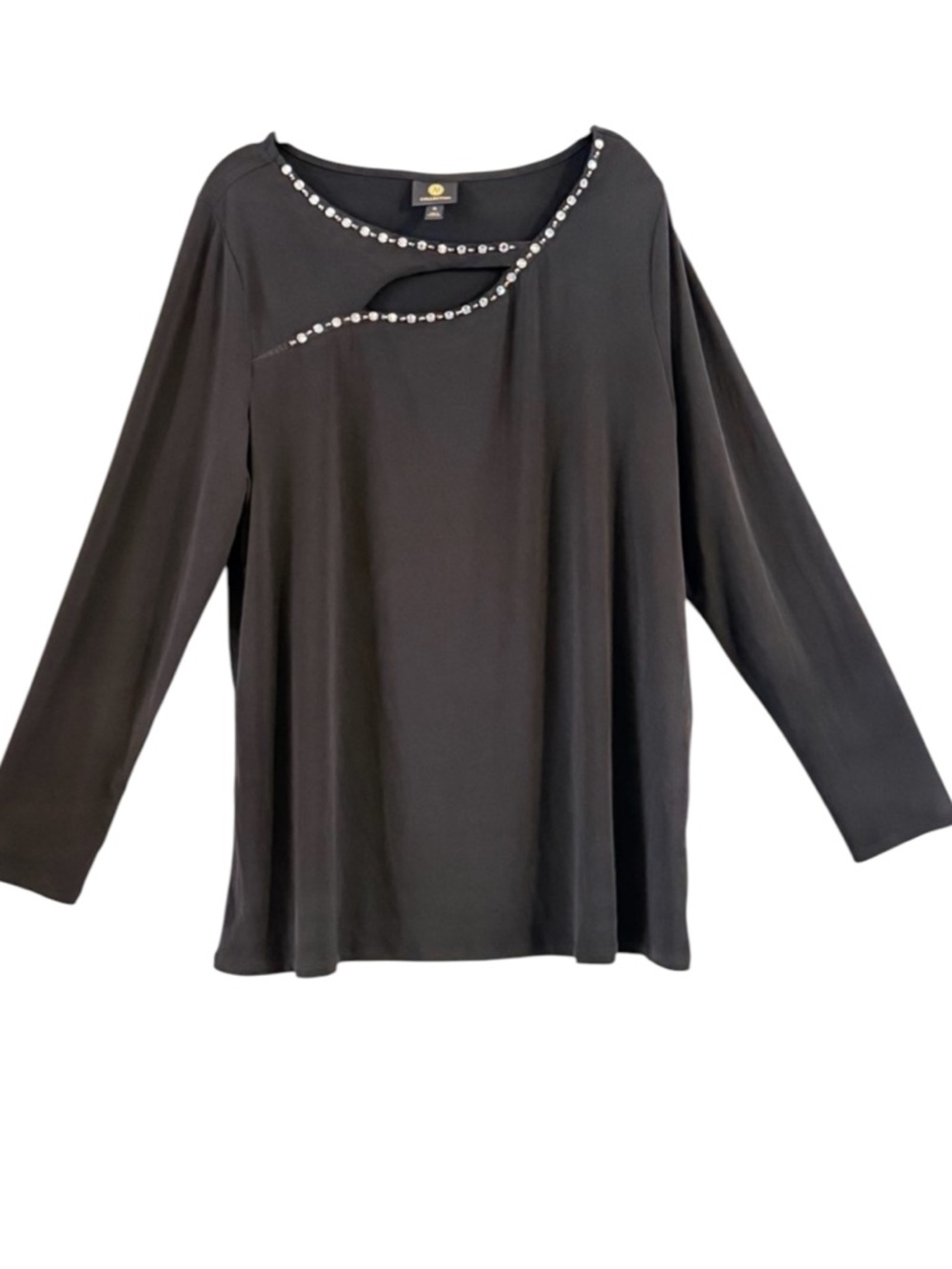 JM Collection Black Long Sleeve Blouse Rhinestone Cutout Top XL